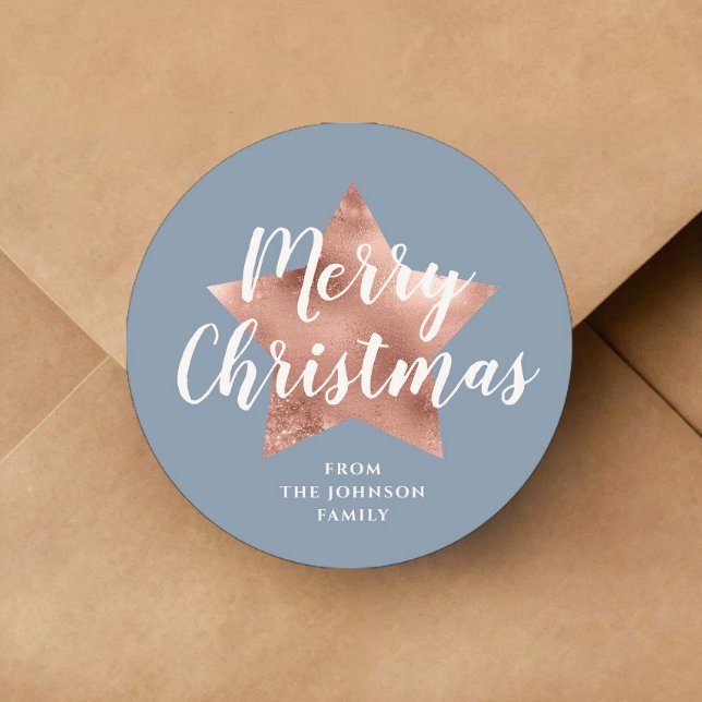Merry Christmas Dusty Blue Rose Gold Star Classic Round Sticker (Merry Christmas Dusty Blue Rose Gold Star Classic Round Sticker)