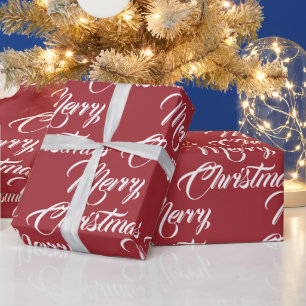 Merry Christmas dusty red white script pattern Wrapping Paper