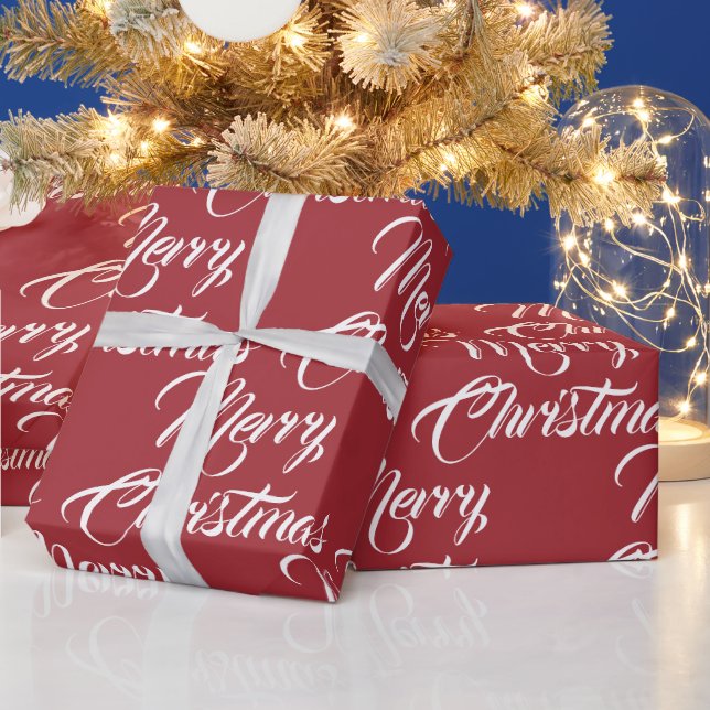 Merry Christmas dusty red white script pattern  Wrapping Paper (Holidays)