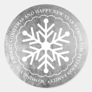 Merry Christmas editable snowflake silver white Classic Round Sticker