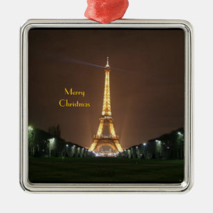 Merry Christmas - Eiffel Tower at night Metal Orna Tree Decoration