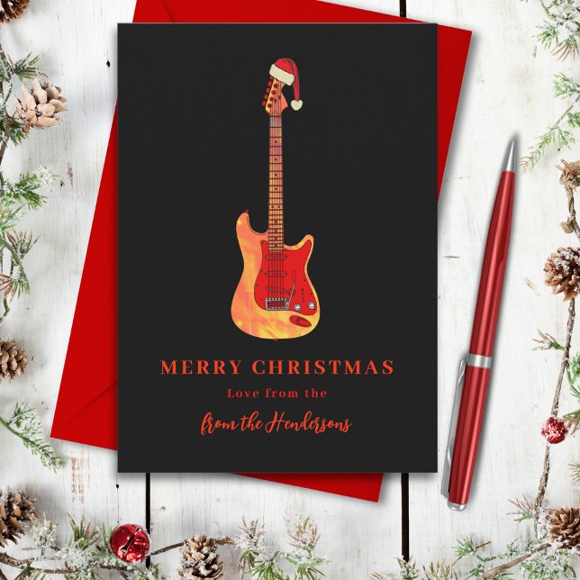 Merry Christmas Electric Guitar Holiday Card (Merry Christmas Music themed stylish guitar personalized black and red holidays greetings card)