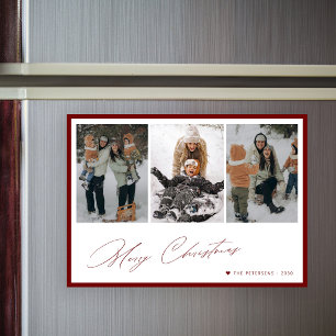 Merry Christmas elegant 3 photo magnetic card