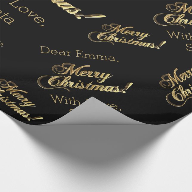 Merry Christmas Elegant Black Faux Gold Foil Text Wrapping Paper (Corner)