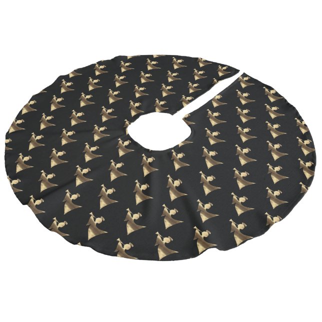 Merry Christmas Elegant Black Gold Angel Pattern Faux Linen Tree Skirt (Angled)