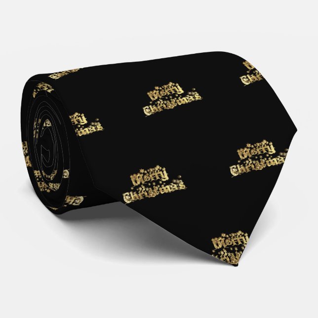 Merry Christmas Elegant Black Gold Star Typography Tie (Rolled)