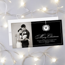 Merry Christmas Elegant Black Monogram Photo