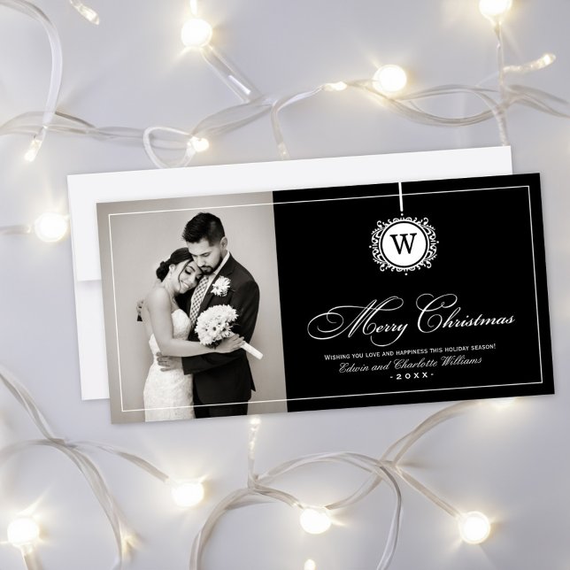 Merry Christmas Elegant Black Monogram Photo Holiday Card (Creator Uploaded)