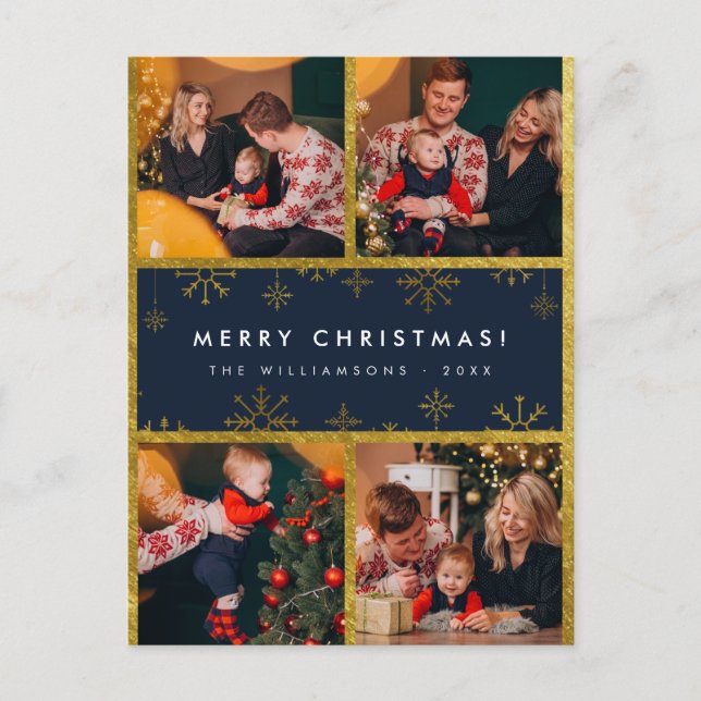 Merry Christmas! | Elegant Blue & Gold 4 Photos Postcard (Front)