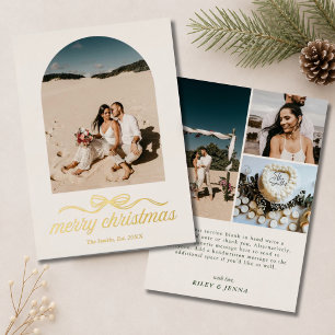 Merry Christmas Elegant Bow Arch Wedding 4 Photo Foil Holiday Card