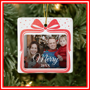 Merry Christmas Elegant Bow Present Photo Collage Ceramic Ornament