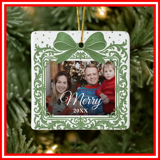  Merry Christmas Elegant Bow Present Photo Collage Ceramic Ornament (Creator Uploaded)