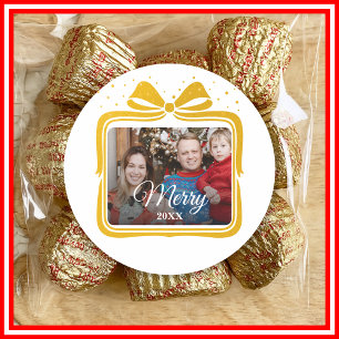  Merry Christmas Elegant Bow Present Photo Collage Classic Round Sticker