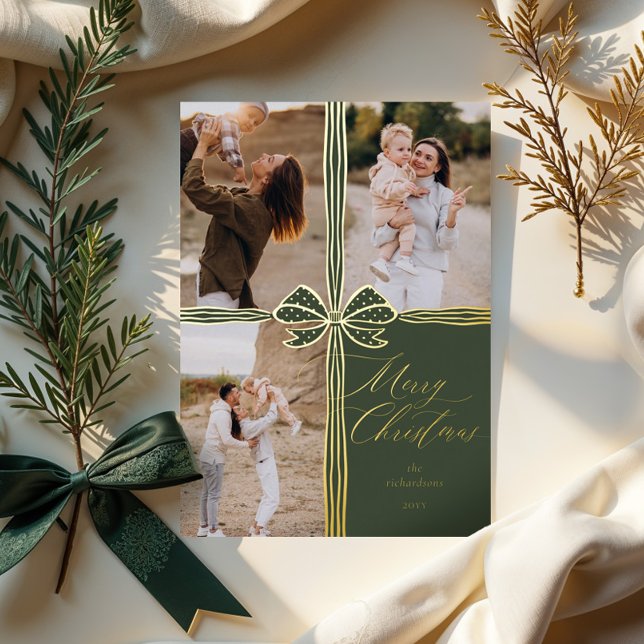 Merry Christmas Elegant Bow Present Photo Collage Foil Holiday Card (Merry Christmas Elegant Bow Present Photo Collage Foil Holiday Card)