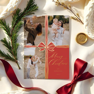 Merry Christmas Elegant Bow Present Photo Collage Foil Holiday Card
