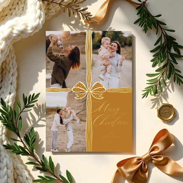 Merry Christmas Elegant Bow Present Photo Collage Foil Holiday Card (Merry Christmas Elegant Bow Present Photo Collage Foil Holiday Card)