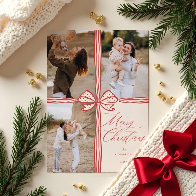 Merry Christmas Elegant Bow Present Photo Collage Holiday Card (Merry Christmas Elegant Bow Present Photo Collage Holiday Card)