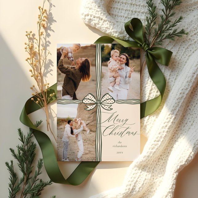 Merry Christmas Elegant Bow Present Photo Collage Holiday Card (Merry Christmas Elegant Bow Present Photo Collage Holiday Card)
