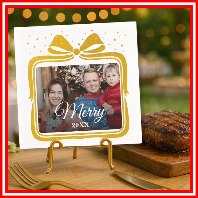  Merry Christmas Elegant Bow Present Photo Collage Napkin (Creator Uploaded)