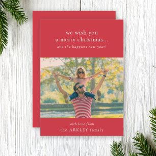 Merry Christmas   Elegant Bright Red Family Photo Holiday Card