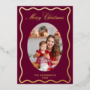 Merry Christmas Elegant Burgundy Gold Photo Foil Holiday Card
