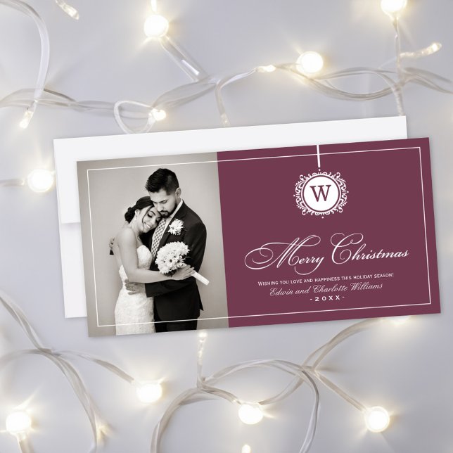 Merry Christmas Elegant Burgundy Monogram Photo Holiday Card (Creator Uploaded)