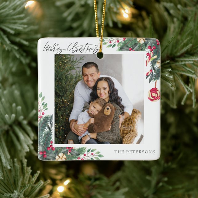 Merry Christmas Elegant Christmas Greeting Photo Ceramic Ornament (Tree)