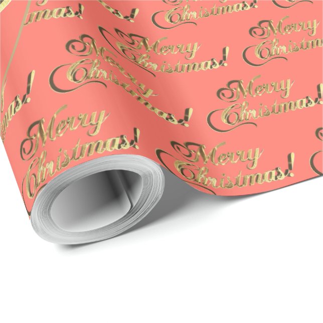 Merry Christmas Elegant Coral Orange Gold Script Wrapping Paper (Roll Corner)
