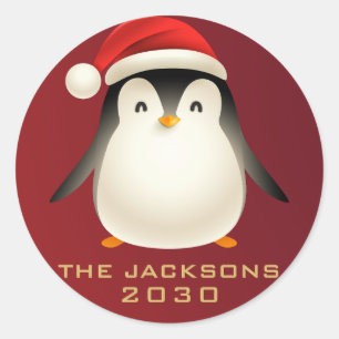 Merry Christmas Elegant Cute Penguin Red White Classic Round Sticker