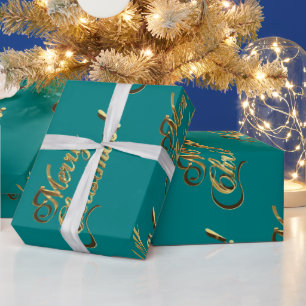 Merry Christmas Elegant Faux Gold Script Teal Wrapping Paper