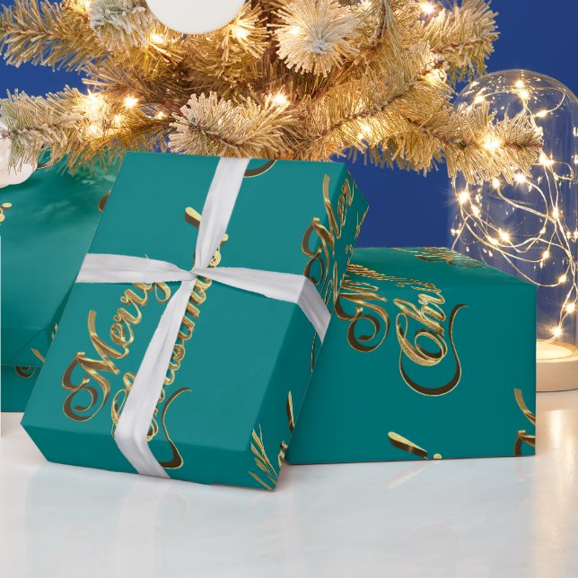 Merry Christmas Elegant Faux Gold Script Teal Wrapping Paper (Holidays)