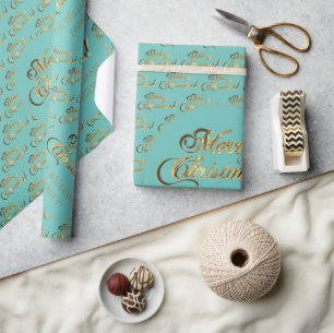 Merry Christmas Elegant Faux Gold Script Teal Wrapping Paper