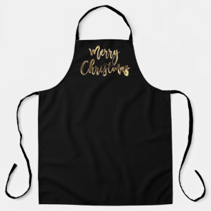 Merry Christmas Elegant Faux Gold Typography Black Apron