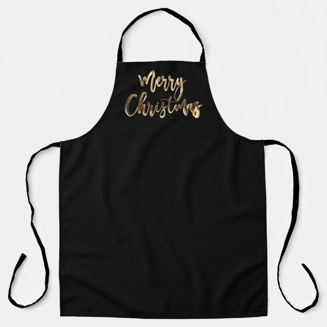 Merry Christmas Elegant Faux Gold Typography Black Apron (Front)