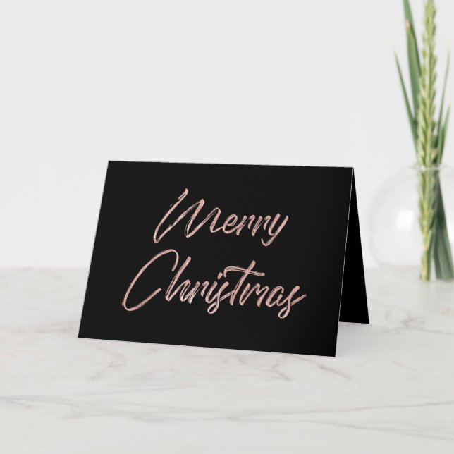 Merry Christmas Elegant Faux Rose Gold Foil Black Holiday Card (Front)