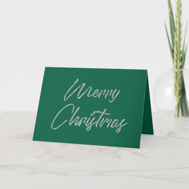Merry Christmas Elegant Faux Silver Foil and Green Holiday Card (Front)