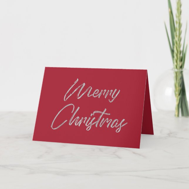 Merry Christmas Elegant Faux Silver Foil and Red Holiday Card (Front)