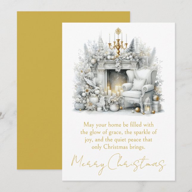 Merry Christmas Elegant Fireplace with Chandelier Holiday Card (Front/Back)