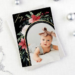 Merry Christmas | Elegant Floral Arch and Photo Foil Holiday Card<br><div class="desc">These beautiful holiday photo cards feature your favourite personal photo on the front, surrounded by a modern arch shape full of classic watercolor Christmas poinsettias, flowers, and greenery and the word "joy" in gold foil calligraphy on a dark black background. Traditional and elegant red green and white floral illustrations decorate...</div>