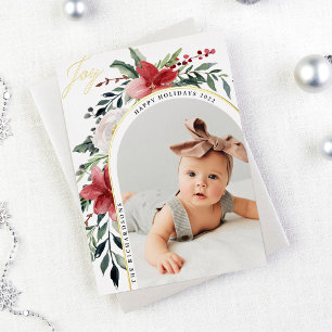 Merry Christmas   Elegant Floral Arch and Photo Foil Holiday Card