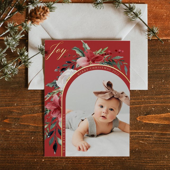 Merry Christmas | Elegant Floral Arch and Photo Foil Holiday Postcard (Creator Uploaded)