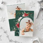 Merry Christmas | Elegant Floral Arch and Photo Holiday Card<br><div class="desc">These beautiful holiday photo cards feature your favourite personal photo on the front, surrounded by a modern arch shape full of classic watercolor Christmas poinsettias, flowers, and greenery and gold script calligraphy that says "joy" on a festive green background. Traditional and elegant red green and white floral illustrations decorate both...</div>