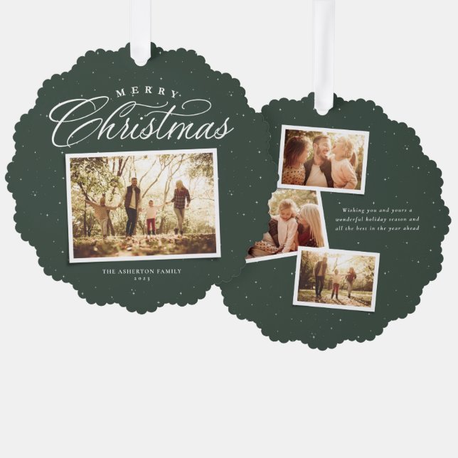 Merry Christmas elegant four photo collage green Tree Decoration Card (Front/Back)