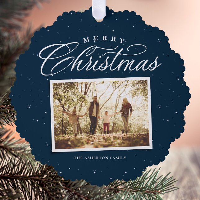 Merry Christmas elegant four photo collage navy Tree Decoration Card (Creator Uploaded)