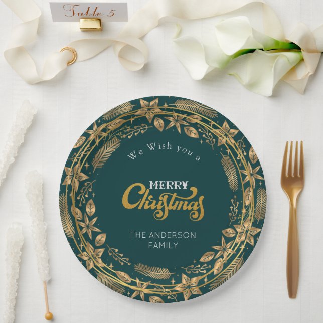 Merry Christmas Elegant Gold Arch Green Paper Plat Plate (Wedding)