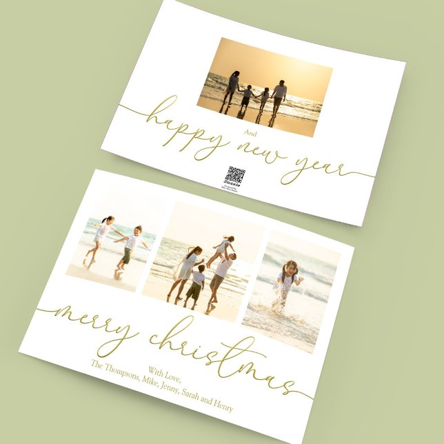 Merry Christmas Elegant Gold Calligraphy 4 Photo Holiday Card (Merry Christmas elegant gold calligraphy four photo holiday card template. )