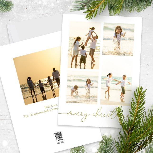 Merry Christmas Elegant Gold Calligraphy 5 Photo Holiday Card (Merry Christmas gold stylish calligraphy photo card with a five photo template. )