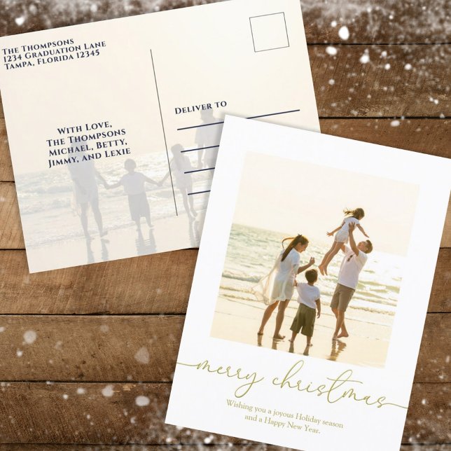 Merry Christmas Elegant Gold Calligraphy Two Photo Holiday Postcard (Creator Uploaded)