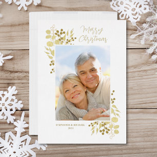 Merry Christmas Elegant Gold Foliage Photo Foil Holiday Card