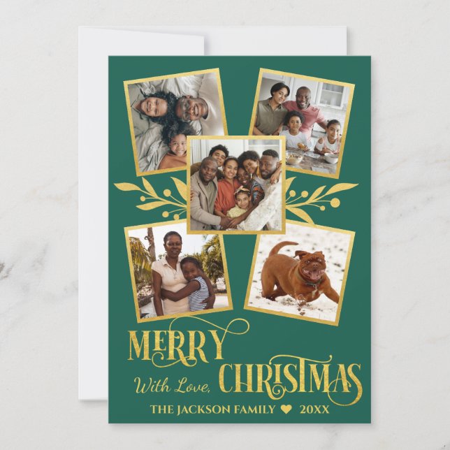 Merry Christmas Elegant Gold Green Photo Collage  Holiday Card (Front)